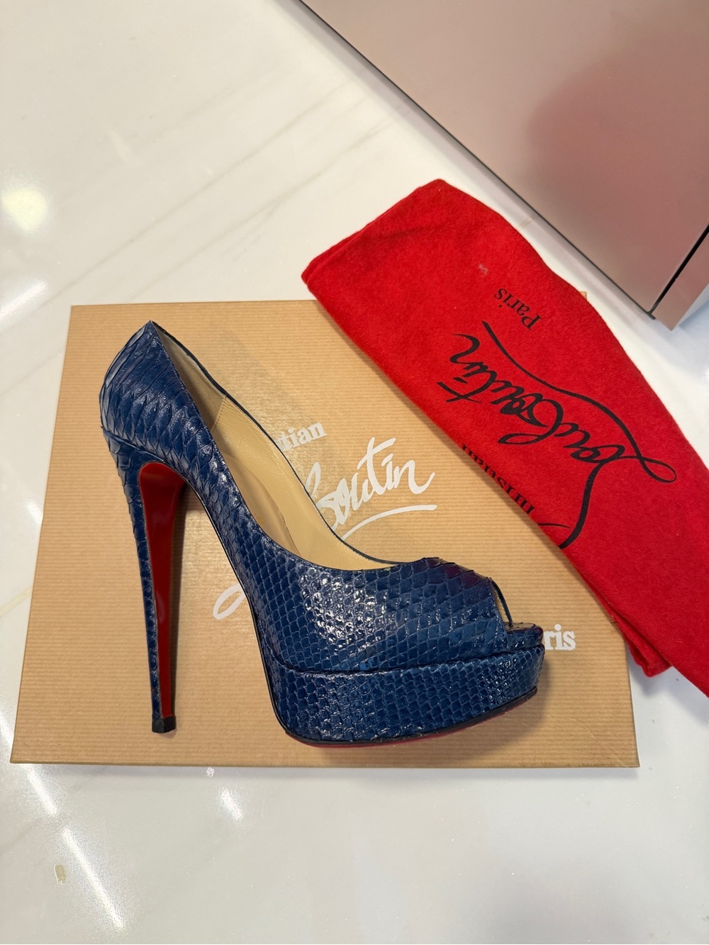 Christian Louboutin Navy Blue Python Peep-Toe Platform Pumps